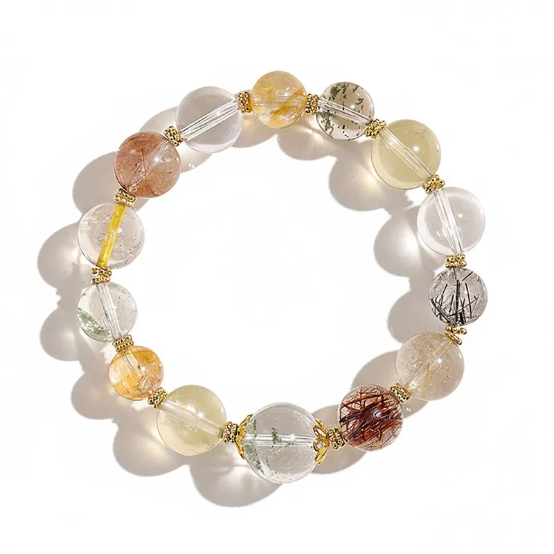 1SCDBD26 Natural Mixed Rutilated Quartz bracelet for Health & Vitality on white background