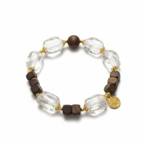 Natural Clear Quartz and wood bracelet for Spiritual & Intuition on white background