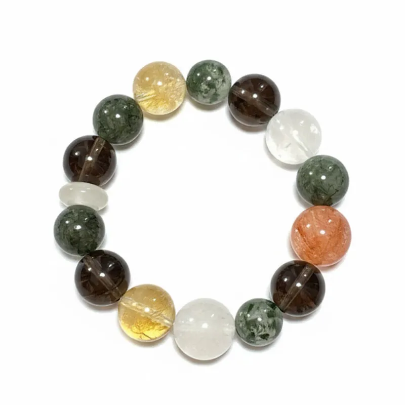 Natural mixed Rutilated and Phantom Quartz bracelet for Health & Vitality on white background