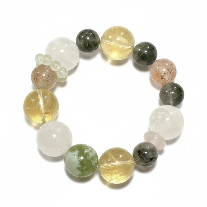 1SCDQS19 Natural Mixed Rutilated & Phantom Quartz bracelet for Health & Vitality on white background