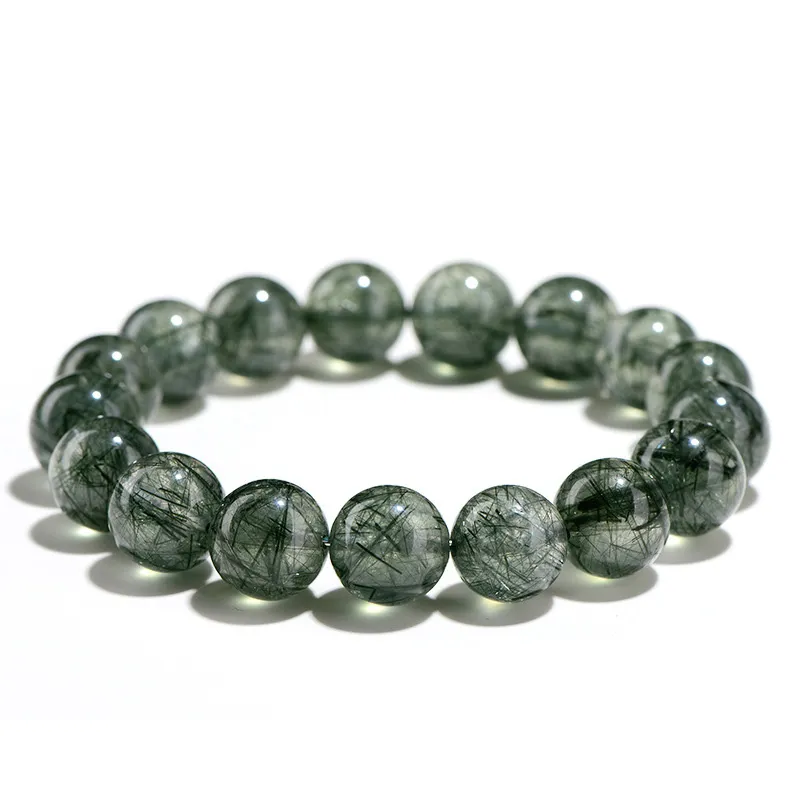 SCPGRU02E1 Natural Green Rutilated Quartz bracelet for Wealth & Success with dark needle inclusions on white background