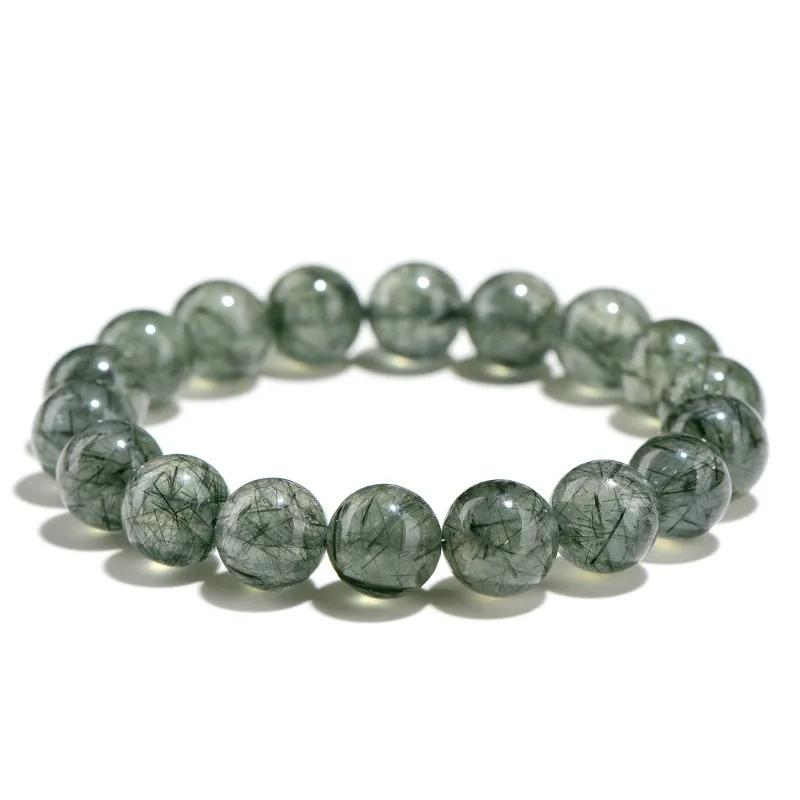 SCPGRU02P1 Natural Green Rutilated Quartz bracelet for Wealth & Success with dark needle inclusions on white background