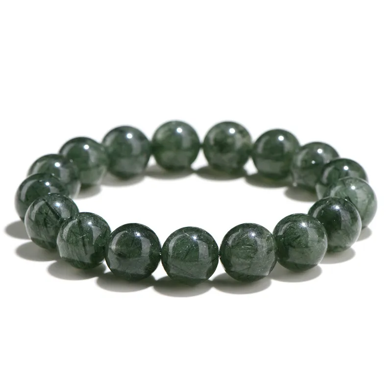 SCPGRU02S1 Natural Green Rutilated Quartz bracelet for Wealth & Success with dark needle inclusions on white background