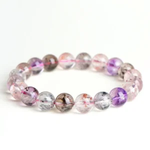 Natural Super Seven bracelet for Spiritual & Intuition showing amethyst and rutile inclusions on white background
